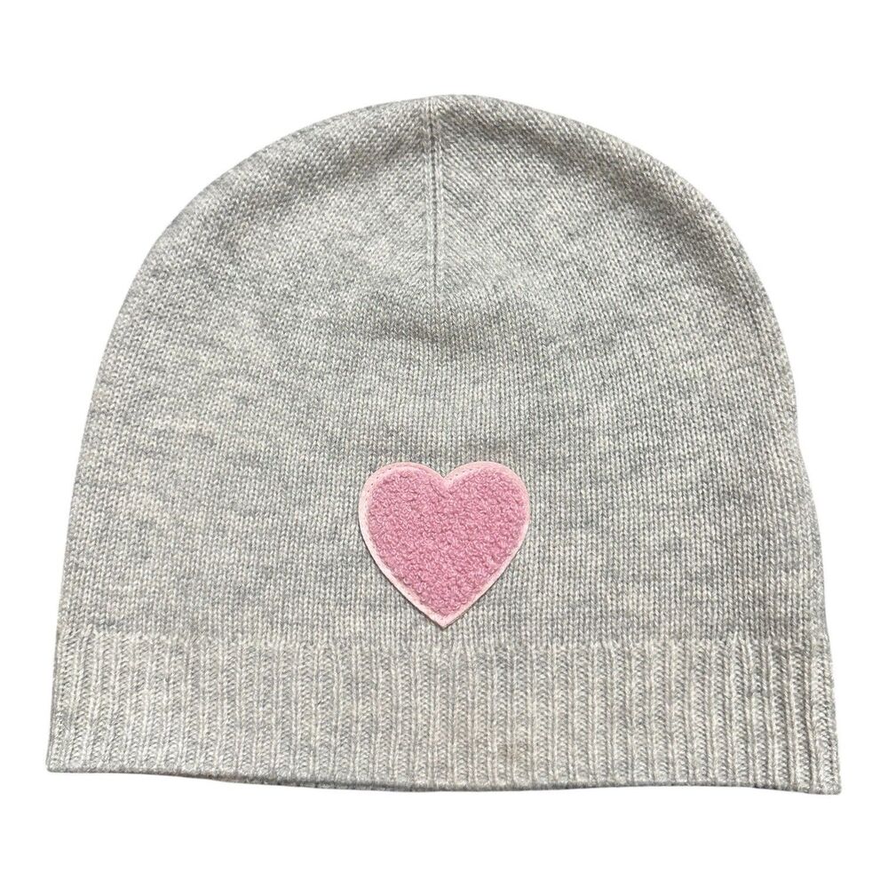 the cashmere project Women's Gray 100% Cashmere Knit Beanie Hat AOS Pink heart